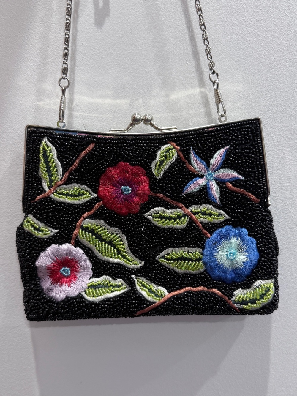 Embroidered Floral Beaded Black Evening Clutch with Chain